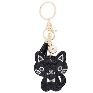 Rhinestone Black Cat  in a bow Tie Keychain Bag Charm